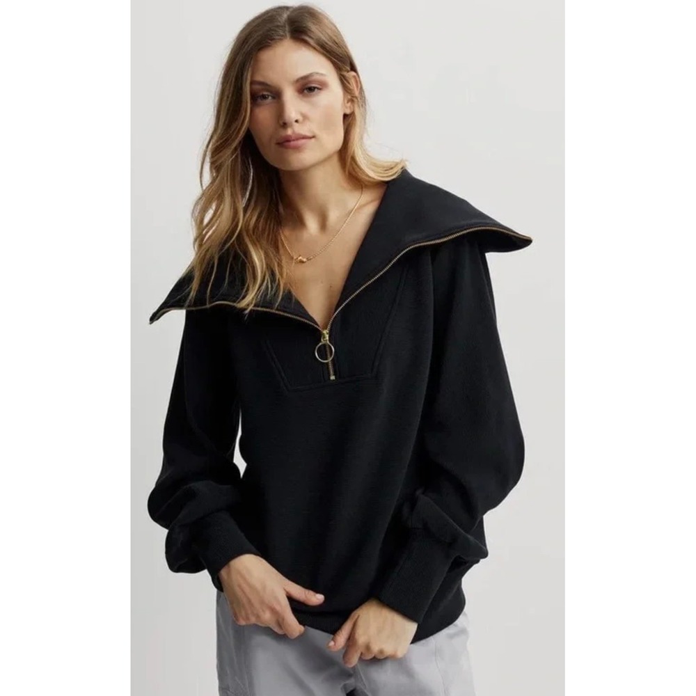Varley Vine Half Zip Pullover Black Ottoman Ribbed Knit Sweatshirt VAR00485 XS